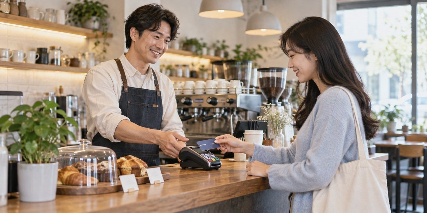 매장 카운터에서 결제 기기를 함께 확인하는 두 사람 — PG 수수료 뜻 결제수단결제수단, 돈이 지나는 길마다 줄이 다릅니다. 연락 주시면 쓰실 길만 골라 열어 드립니다.