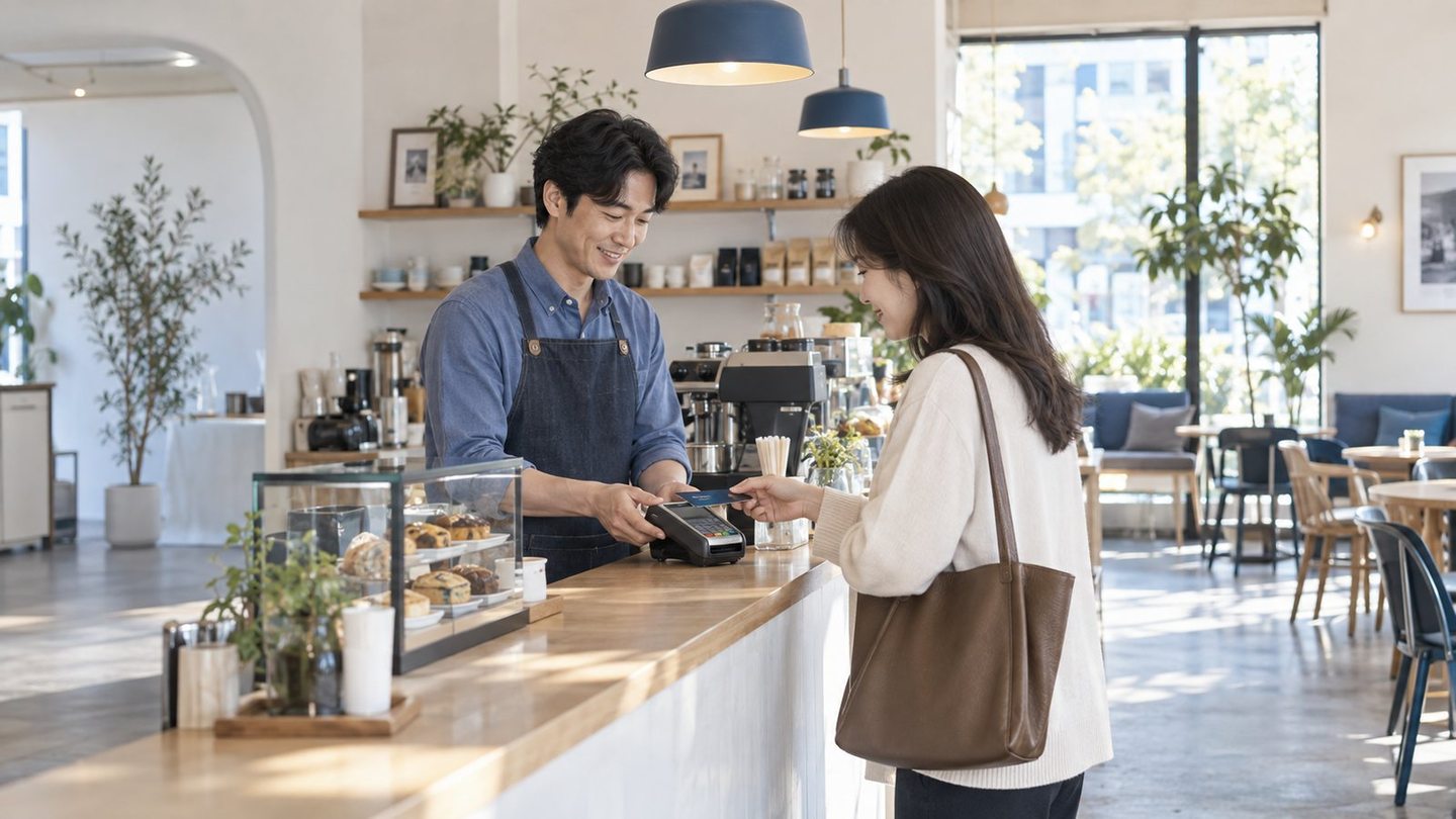 매장 직원과 고객이 결제 내용을 확인하는 장면 — PG 수수료 뜻 카드사 수수료카드사 수수료, 한 줄 안에 포개진 두 몫입니다. 연락 주시면 견적 숫자 속을 갈라 읽어 드립니다.