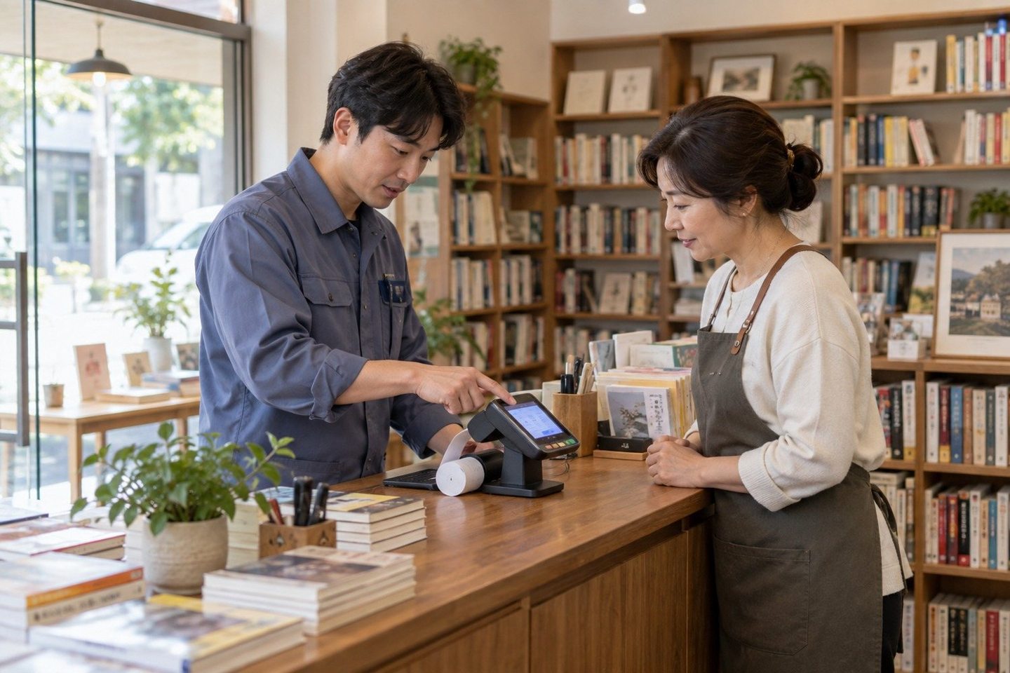 매장 계산대에서 고객의 카드결제를 받는 운영자 — PG 수수료 뜻 정산정산, 건네기 직전에 먼저 덜어 냅니다. 연락 주시면 통장 숫자까지 같이 맞춰 드립니다.